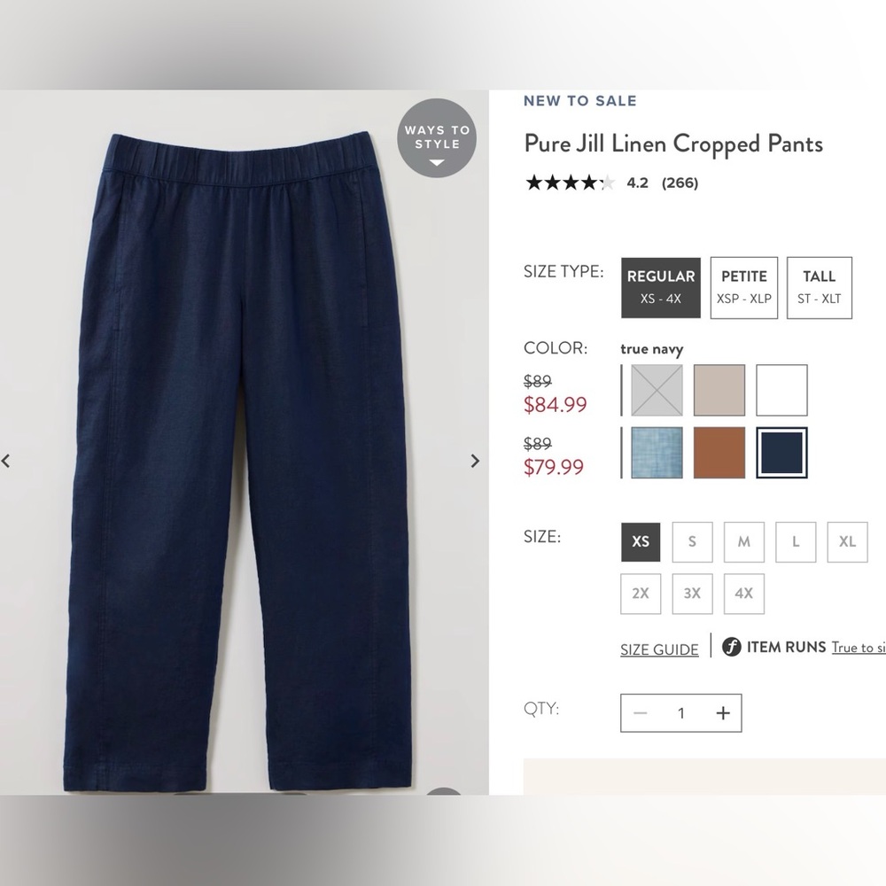 J. Jill Womens navy 100% Linen Cropped Pull on Wide Leg Pants Size m